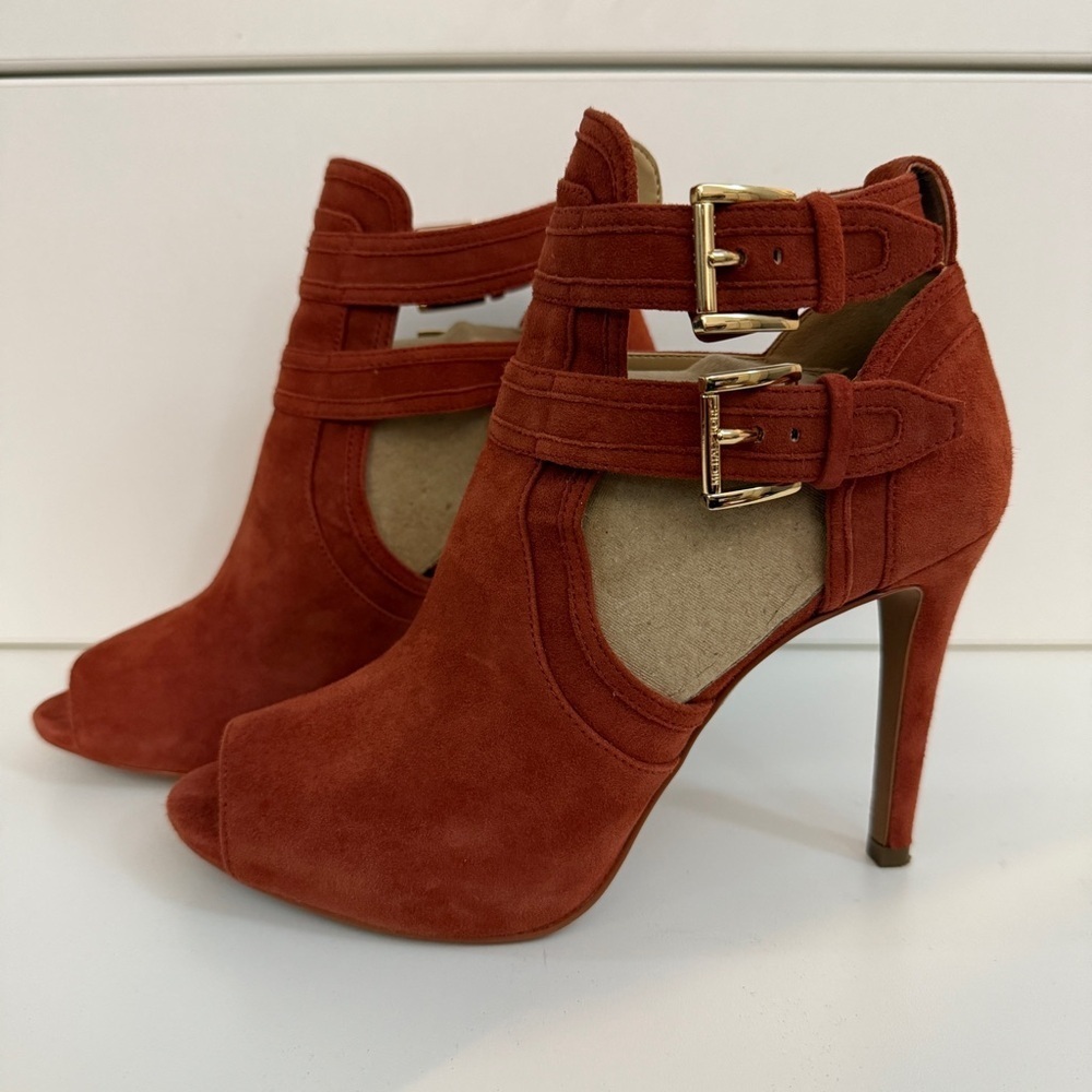 Michael Kors Burnt Orange Suede Cutout Peep-Toe Ankle Booties with Buckles